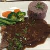 BEEF STEAK WITH MUSHROOM SAUCE AND RED WINE RICE