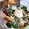 Six kinds of Vegetables & Grilled Spicy Chiken Salad with Poached Egg Parmesan Dressing